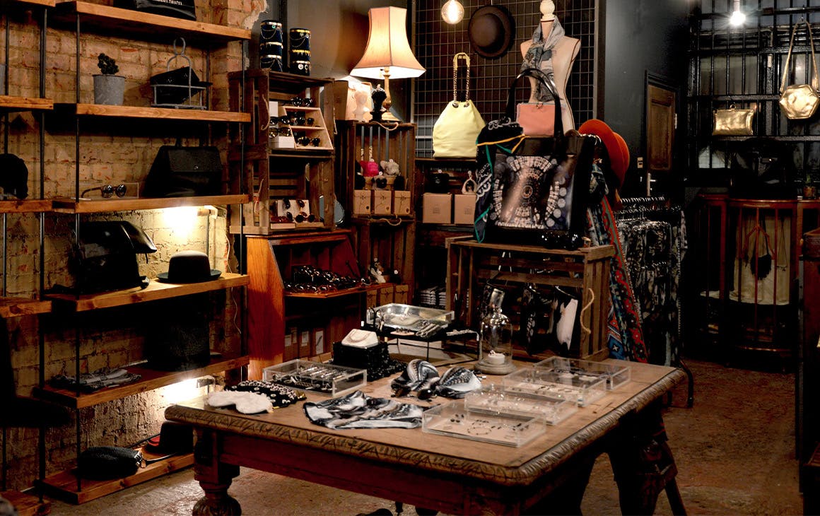 Antique store, with dark mood lighting and wood textures. 