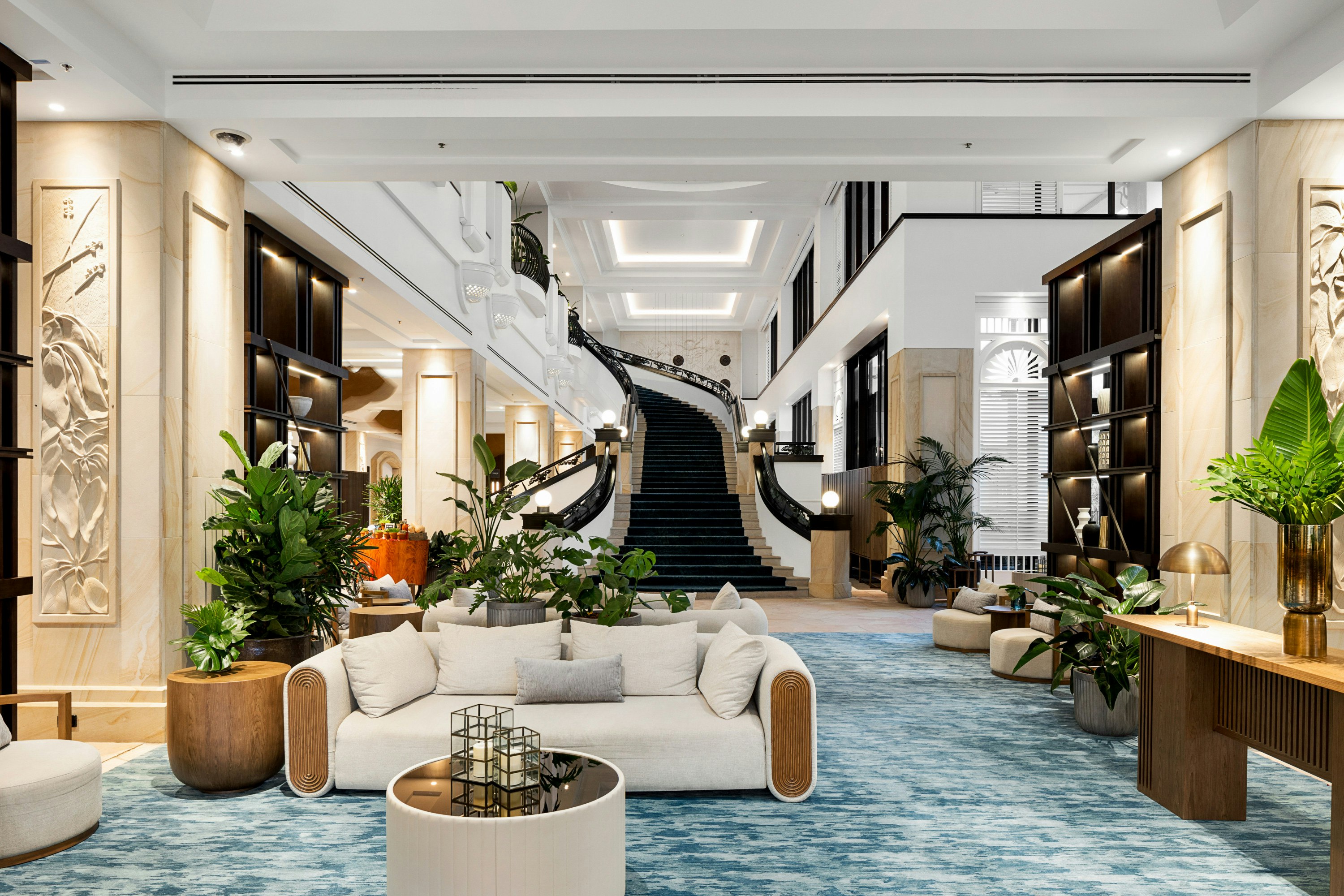 the lobby of a luxury hotel