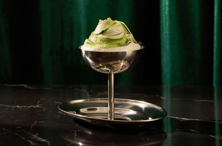 Green Pavlova sporting sorrel sorbet