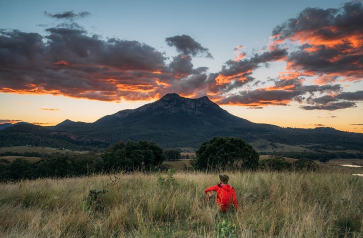 A person stands in a huge grass field at sunset, looking at a mountain looming in the distance