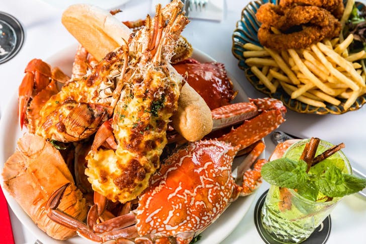 a big platter of crab and lobster
