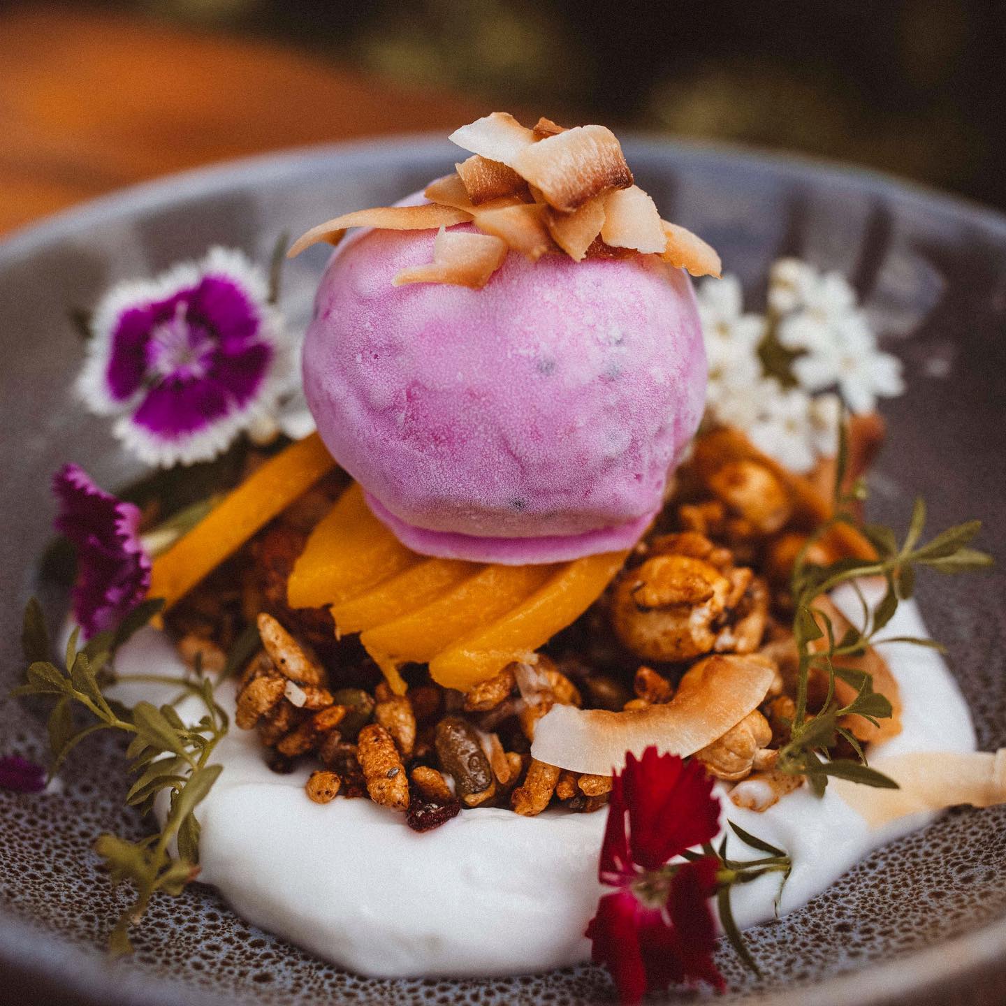 A plate with yogurt and musli topped with sorbet