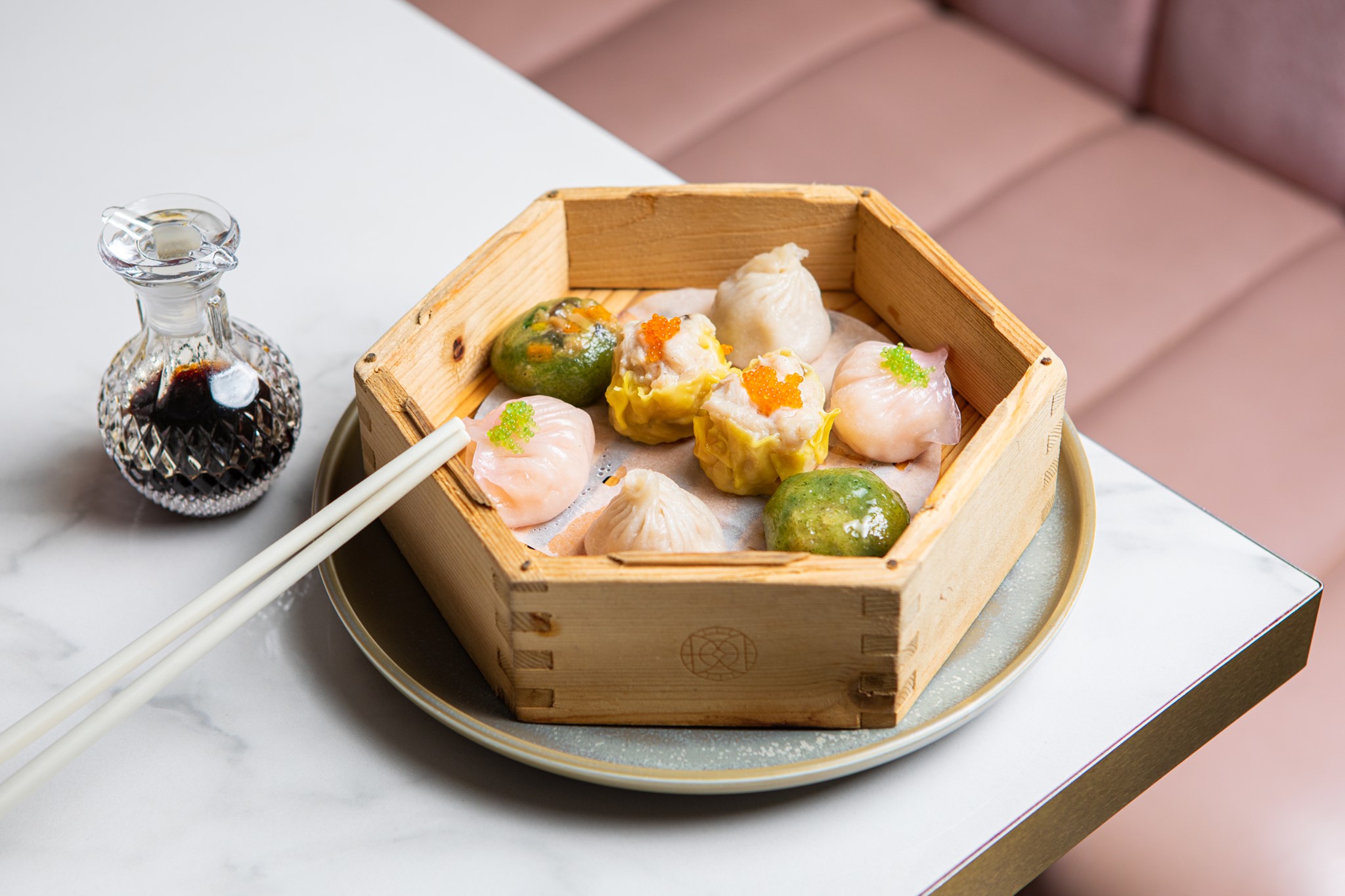 a bamboo basket of dumplings 