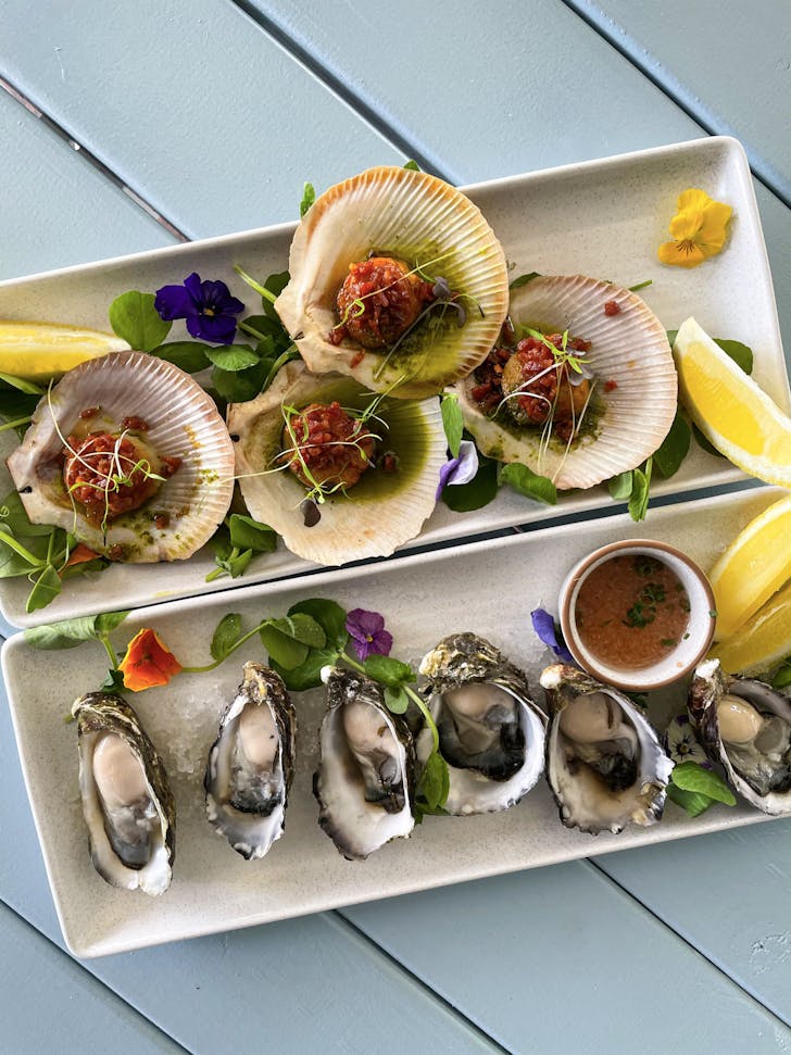 an aerial shot of two seafood dishes