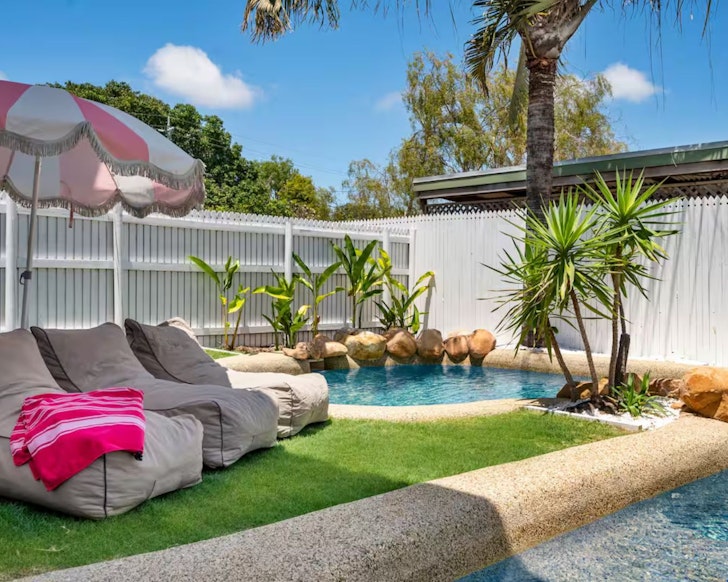A view of the lagoon pool at 3 Palms Lagoon Pool Villa Airbnb one of the best stays in Townsville