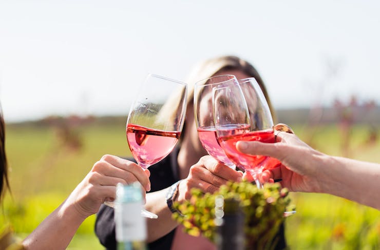 three girls clinking glasses of pink wine in a vineyard