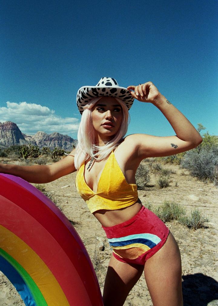 A woman in a bright yellow velour top and rainbow high-waisted bottoms wears a cowboy hat and poses in the desert with a giant rainbow.
