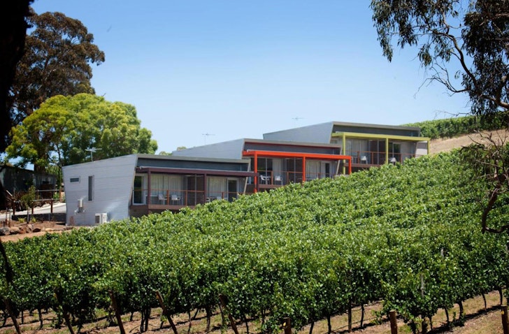 A view of the accommondation at Longview Vineyard surrounded by vines, one of the best Adelaide Hills accommodation options