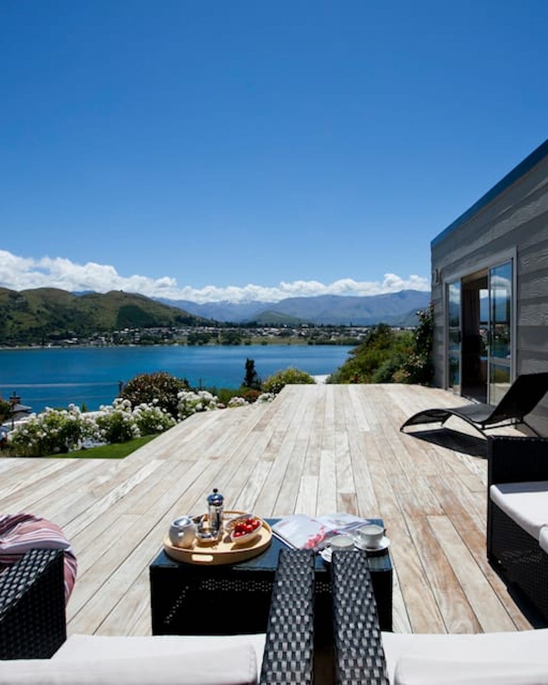 A large verandah overlooking the lake and mountains in Queenstown