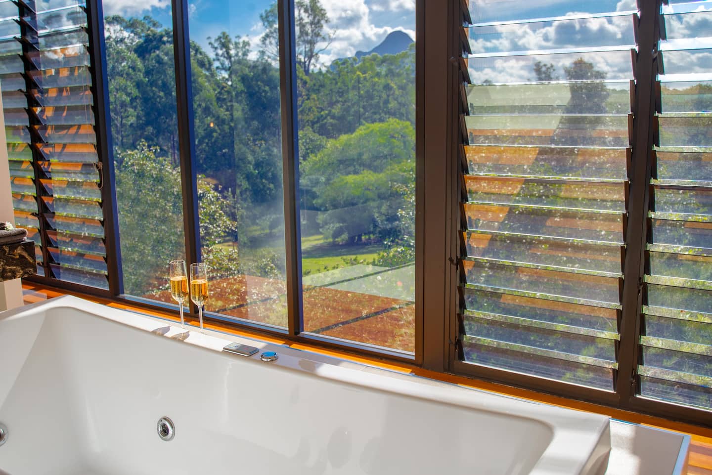 a bath next to a window overlooking mountains