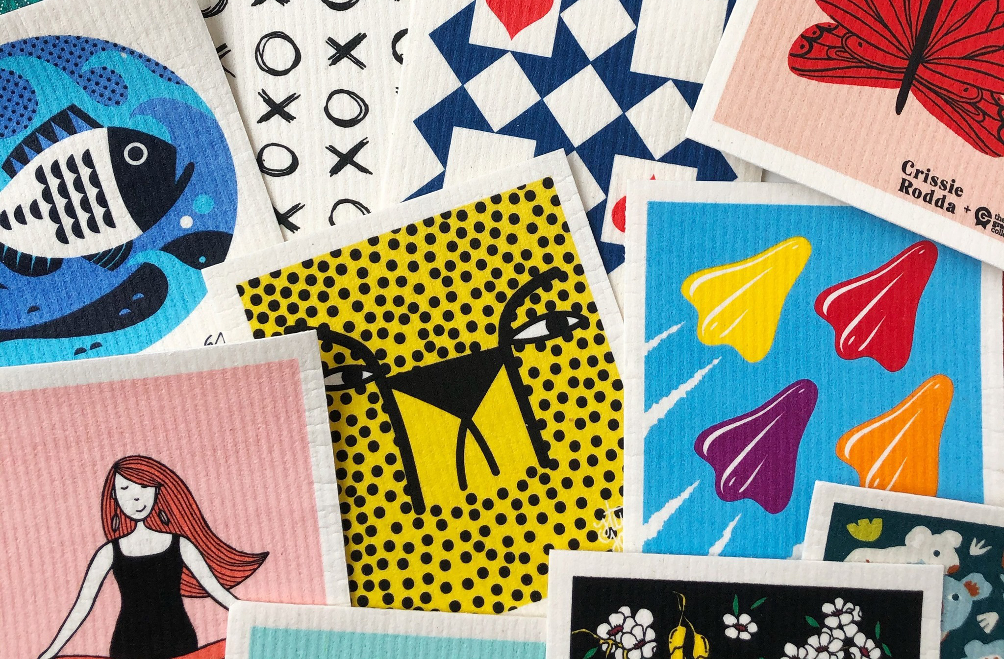 A picture of brightly coloured designs printed on eco-friendly cloths