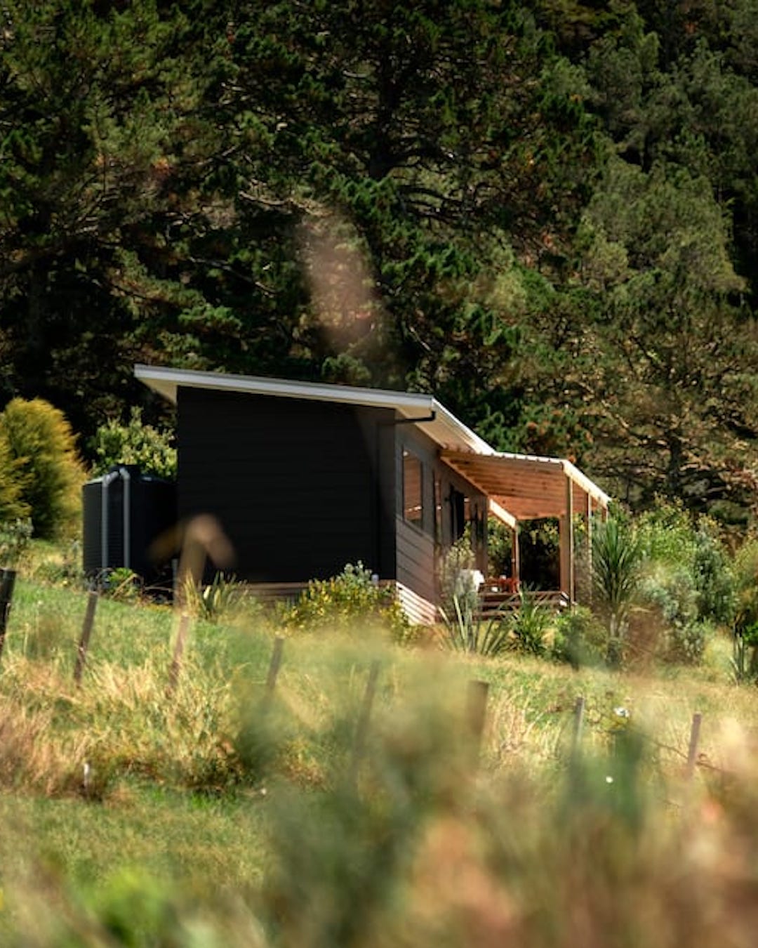A small cabin on a lush hillside