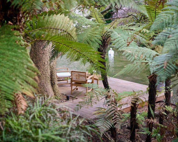 The lakeside seats at A Slice of Paradise in the City romantic stay in Christchurch, New Zealand