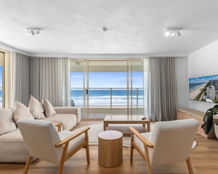 A view of the water from the living space at Absolute Beachfront best beach house Airbnbs near Brisbane