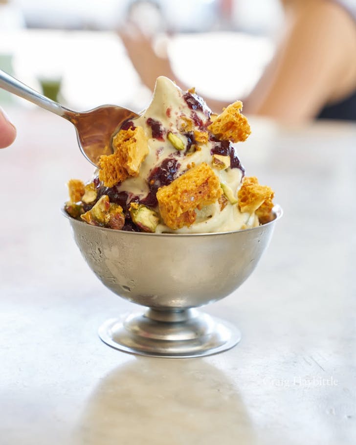 Pistachio, cherry and honeycomb soft serve. 