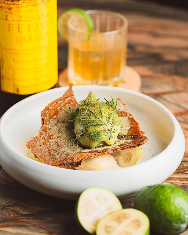 The seasonal feijoa dessert with matching feijoa liqueur at Ahi. 