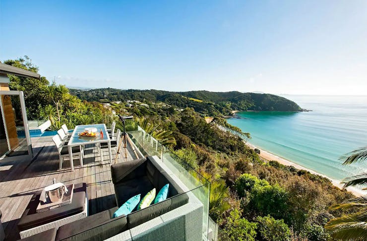 A stunning Airbnb overlooks the sea.