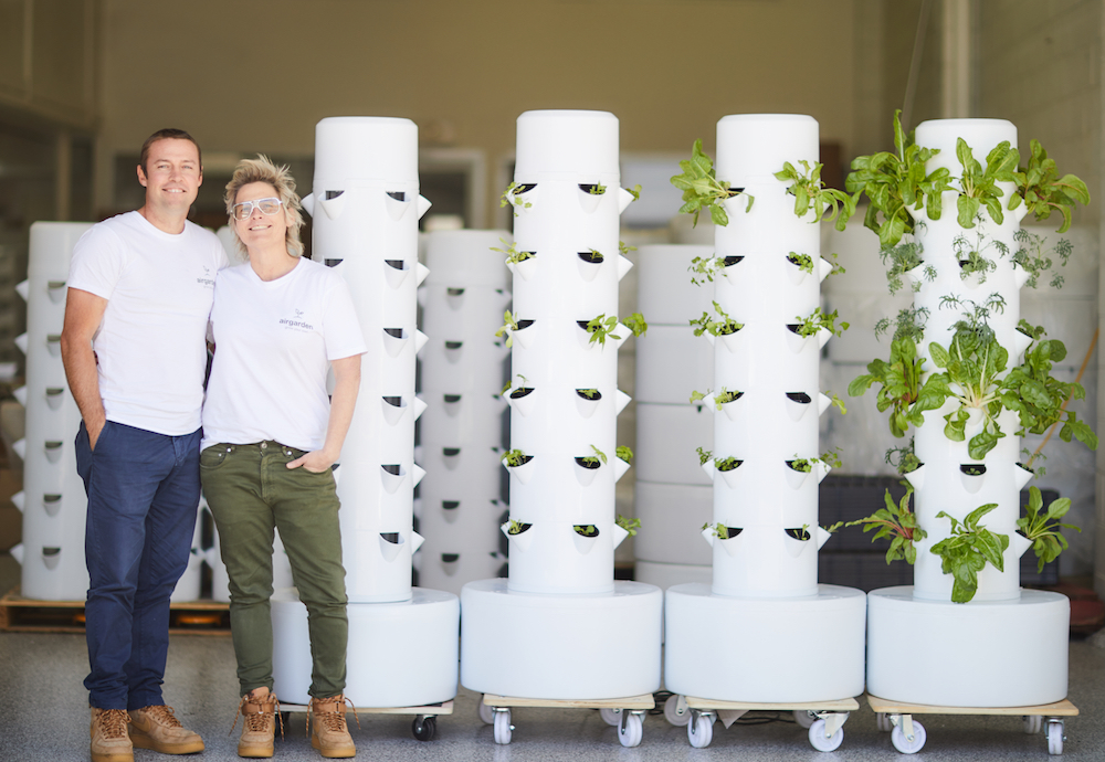 Owners Tom and Prue standing next to three Airgardens
