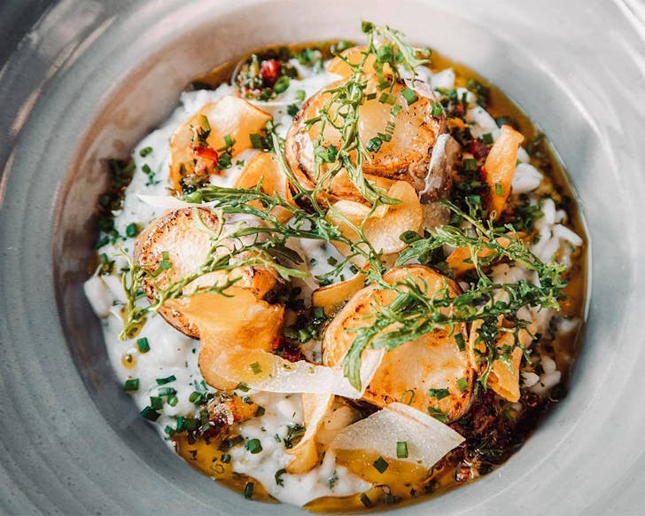 Jerusalem artichoke risotto, lemon, chives & parmigiano reggiano at Aosta, one of the best restaurants in Arrowtown.