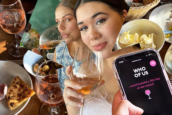 A collage featuring two women holding glasses of wine and the game Who Of Us displayed on a phone. 