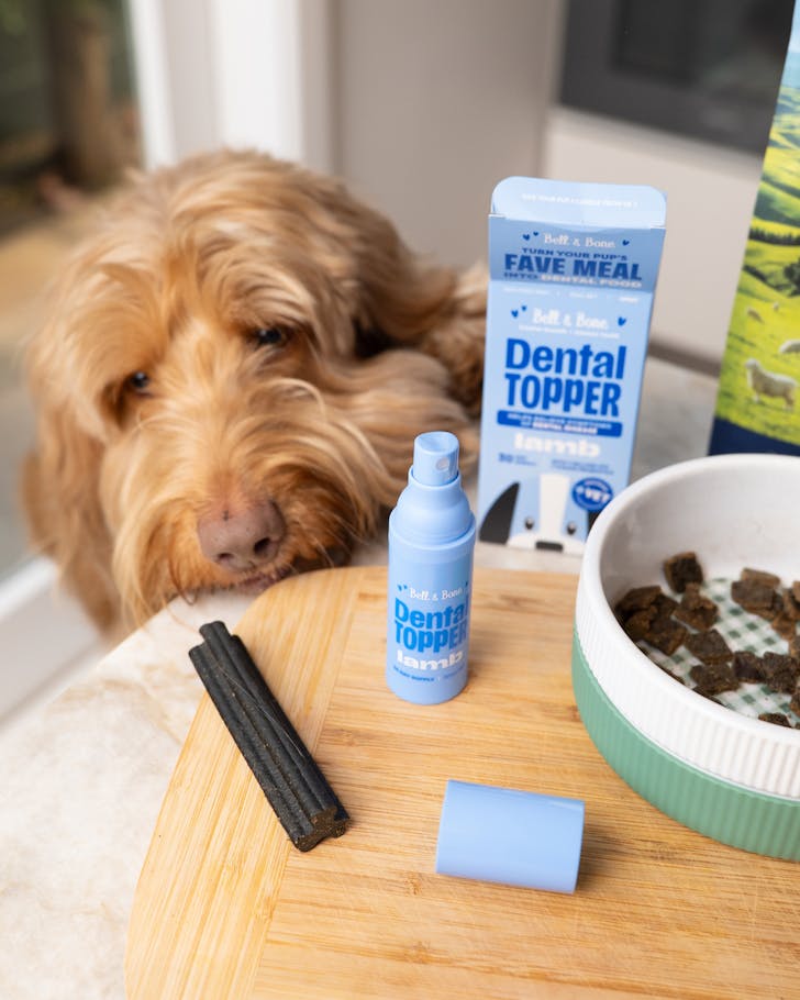 Bell & Bone Dental Topper sprays on a wooden board with a bowl of dog food