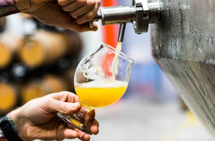 Close up of hands pulling a beer from a brewing tank into a glass.