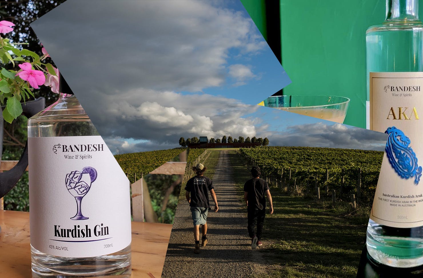 A collage of images showing gin and Arak from Bandesh Wine & Spirits. 