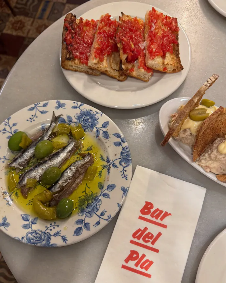 A trio of tapas dishes at Bar del Pla in Barcelona. 
