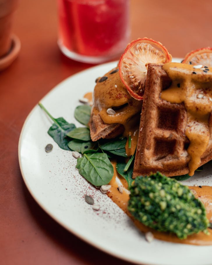 Scrumptious-looking waffles await at Barefoot Eatery. 