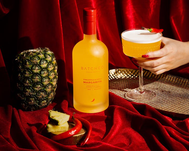 A pretty bottle of Batched Cocktailsâ spicy pineapple marg. 