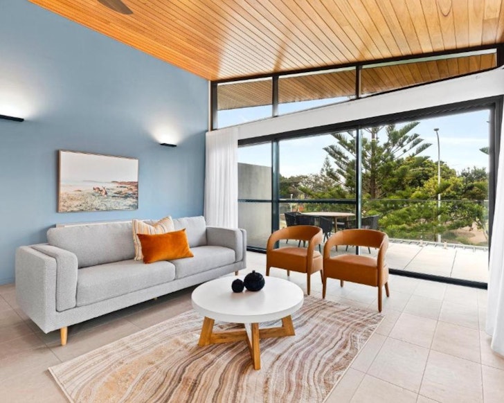 The interior of a room with a sea view at Beach St Motel one of the best motels in Australia