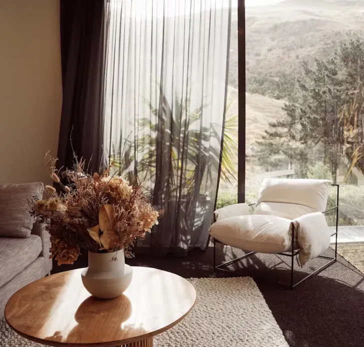 A view of the scenery from the living space at Beachtown Retreat romantic stay near Christchurch, New Zealand