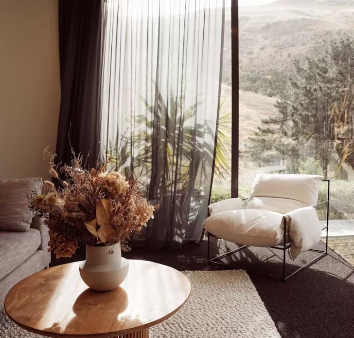A view of the scenery from the living space at Beachtown Retreat romantic stay near Christchurch, New Zealand