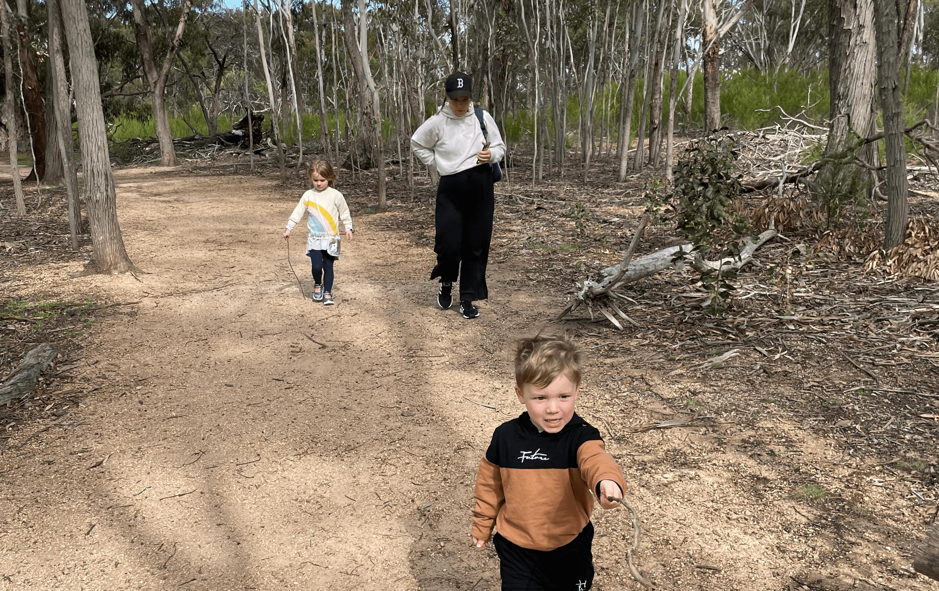 A person and two kids walking in the bush. 