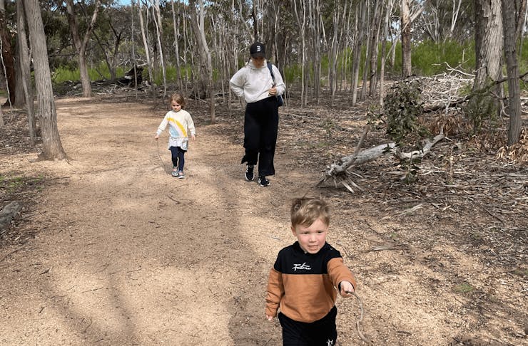A person and two kids walking in the bush. 