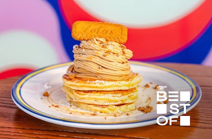 Stacked biscoff pancakes from The Breakfast Club
