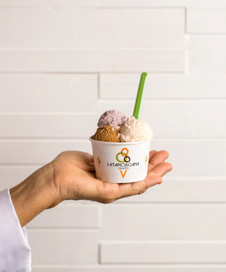 Best gelato in Rome from Fatamorgana with a triple scoop in a cup being held against the backdrop of a white wall
