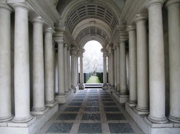 Borrominiâs perspective gallery at Galleria Spada in Rome with column-lined corridor creating an optical illusion