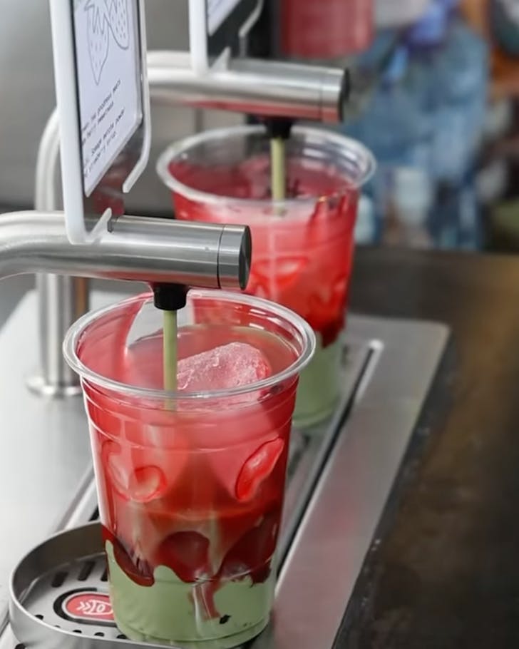 more rosebery iced strawberry matcha latte on tap