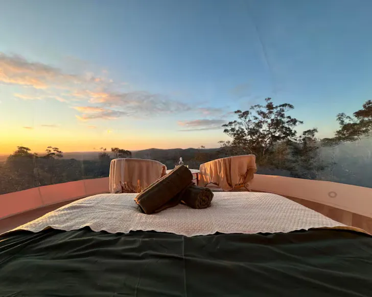 A view from the bed of the Beyond Bubbles tiny house in NSW
