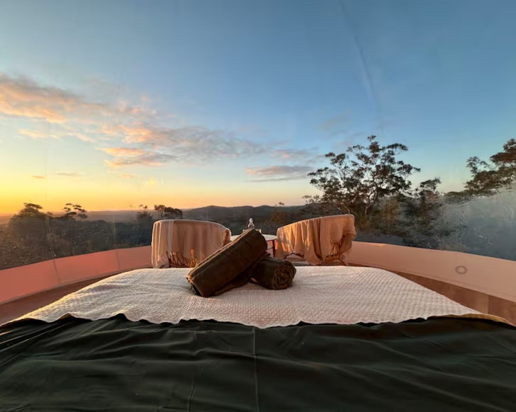 A view from the bed of the Beyond Bubbles tiny house in NSW