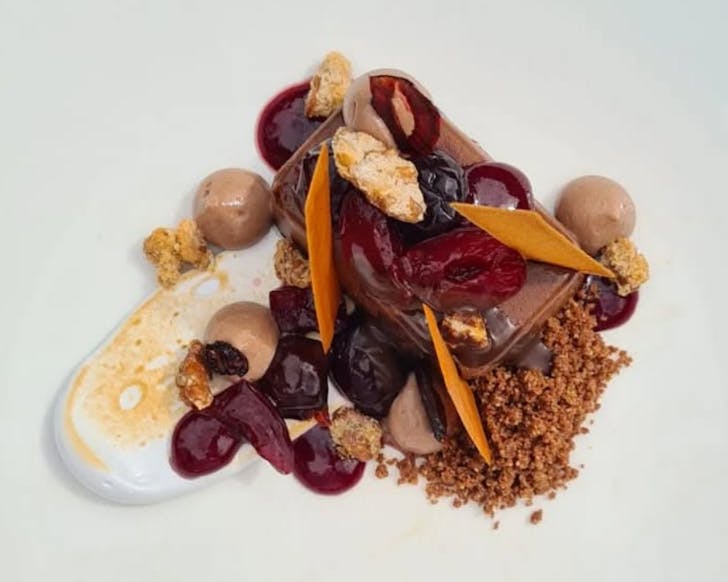 A chocolate cremeaux and cherry dessert from Bistro Gentil. 