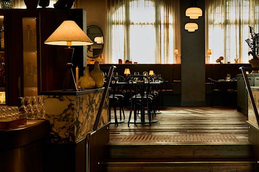 Romantically-lit interiors at Bistro Saine