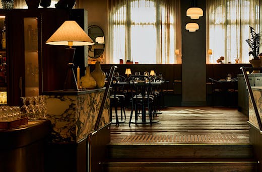 Romantically-lit interiors at Bistro Saine
