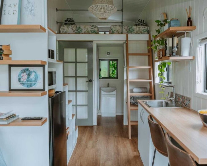 A view of the ladder leading to the bed at Blackwattle Farm tiny home South East Queensland