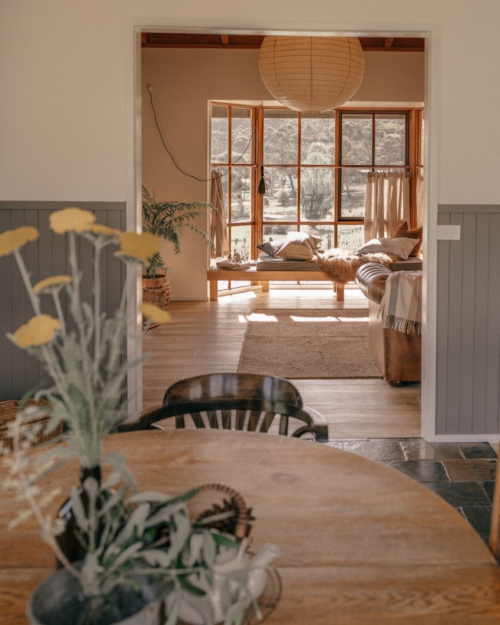 A view through the house to the land at Blame Mabel Farmhouse best farm stays Victoria