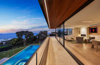 A view of the living space overlooking the sea at Blanc de Noir luxury Airbnb accommodation Mornington Peninsula