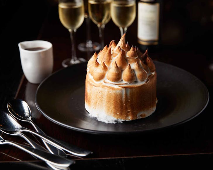 A beautifully executed dessert that looks like Bombe Alaska, at Bloody Mary's. 