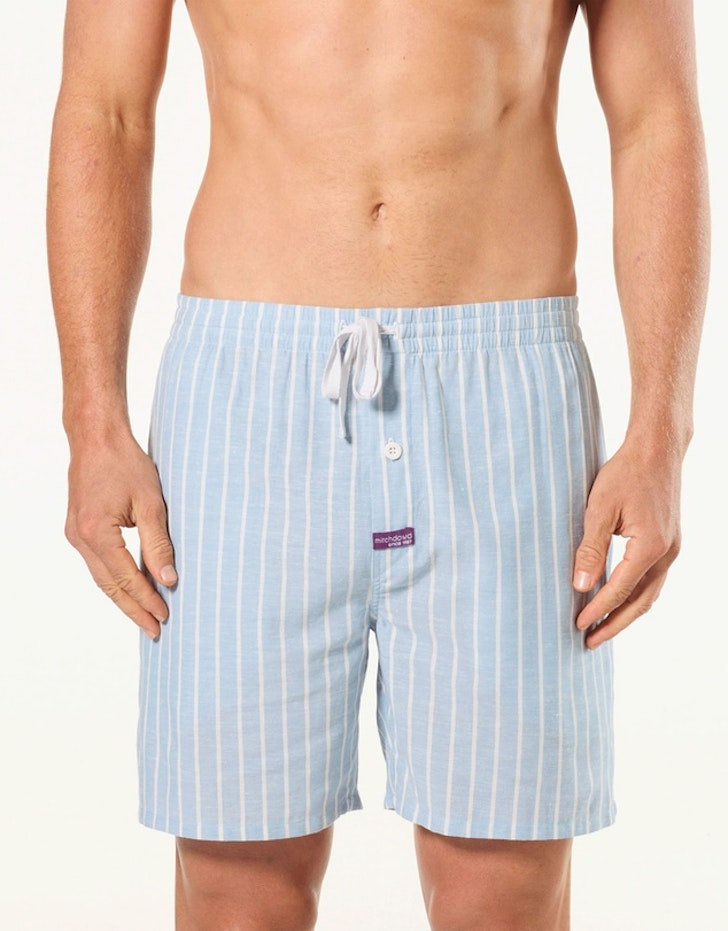 Mitchdowd Mens Woven Cotton Sleep Shorts in Light Blue Pinstripe