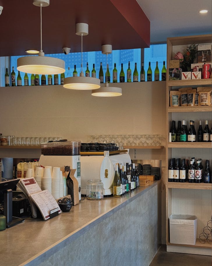 Pinot noir-red roof, wine shelves and the concrete counter at Bobby's.